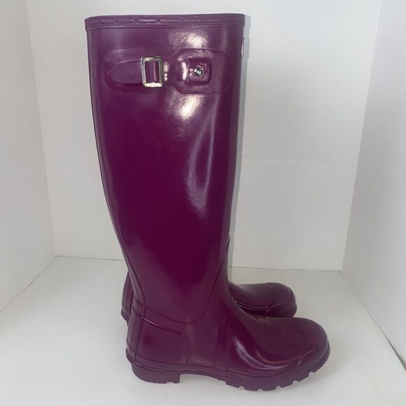 Hunter Wellies Rain Boot Size 8 Dark Pink Magenta Purple Glossy - Picture 7 of 9